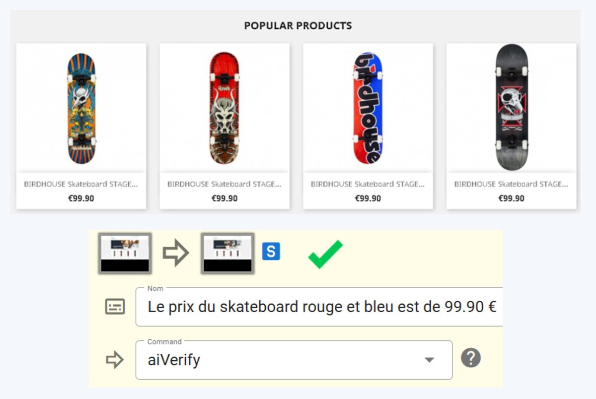 Product page of a skateboard shop and, below it, an aiVerify command written in plain language stating the price of the red and blue skateboard is €99.90, validated with a green tick.