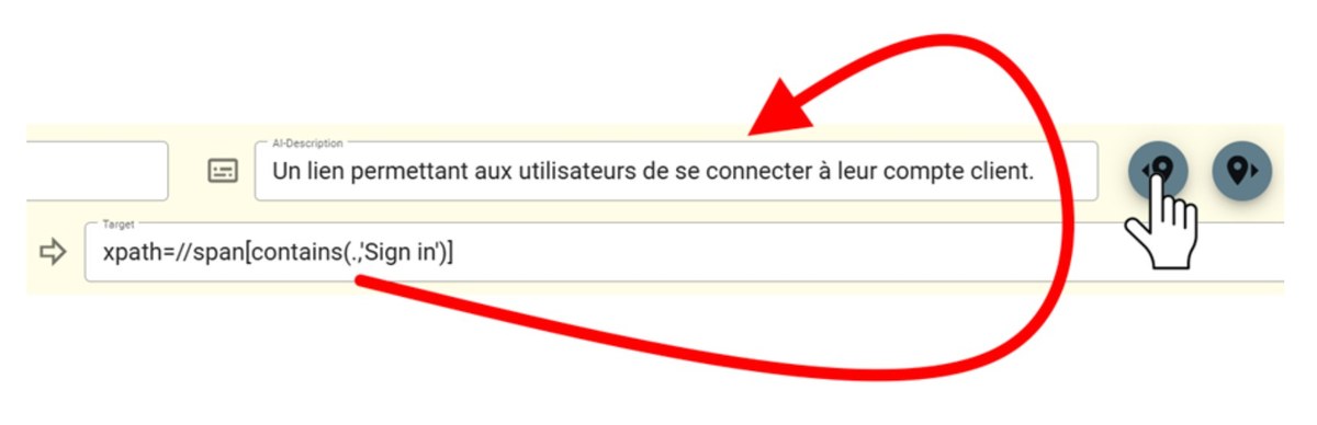 In the CloudNetCare editor, the “AI-Description” field describes the element in plain French (a link that lets users sign in to their customer account), linked to its technical xpath locator.
