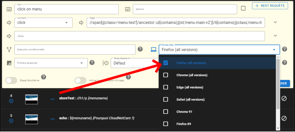 Sélection des devices dans l'application CloudNetCare